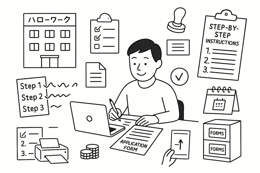 教育訓練給付金の申請フロー（キャリコン→申請→実績報告）